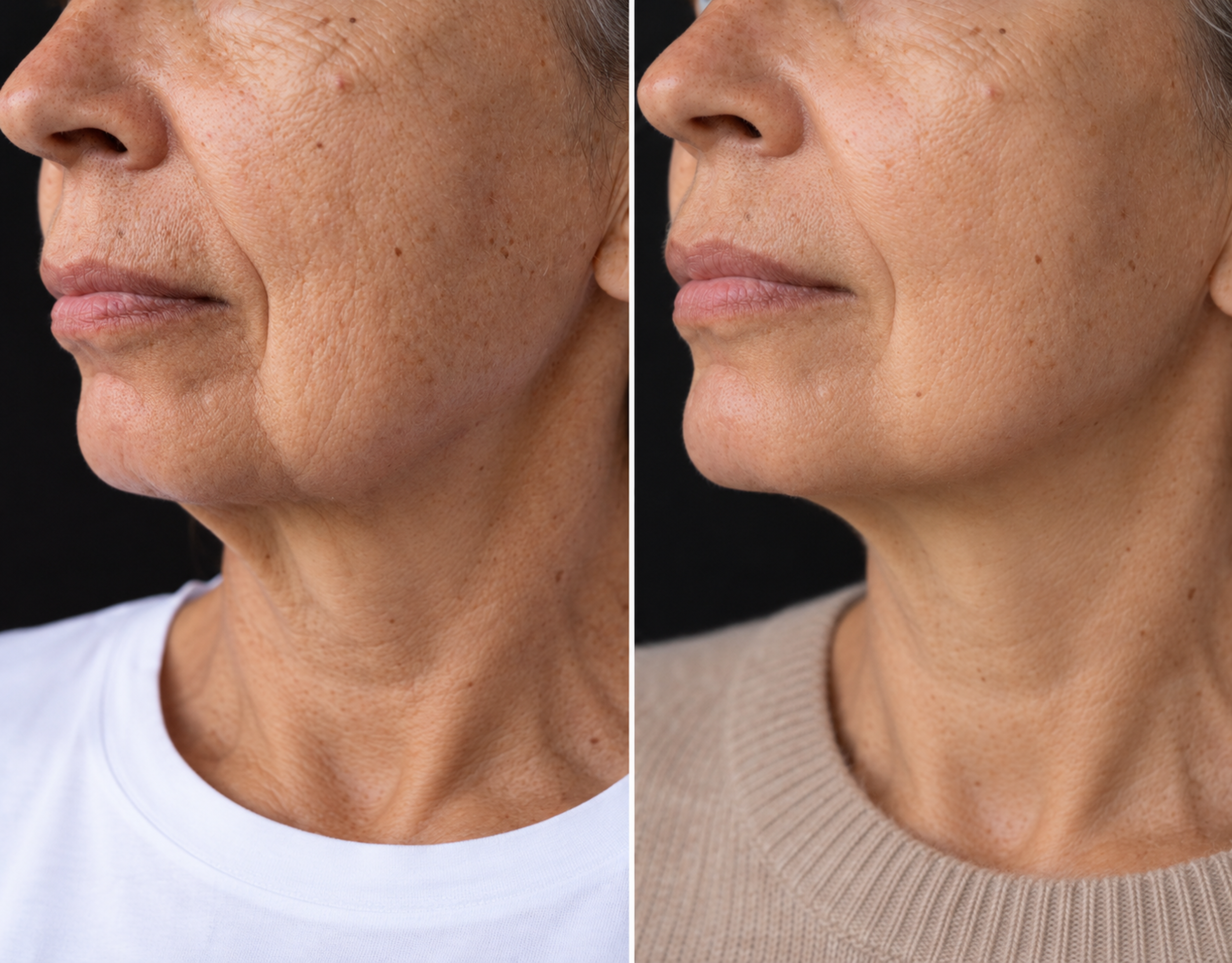 Comparison of a woman's lower face and neck before and after skincare treatment, showing improved skin texture and tone.
