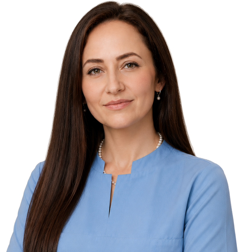 Professional woman with long brown hair, wearing a light blue blouse, pearl necklace, and pearl earrings, smiling softly against a black background.