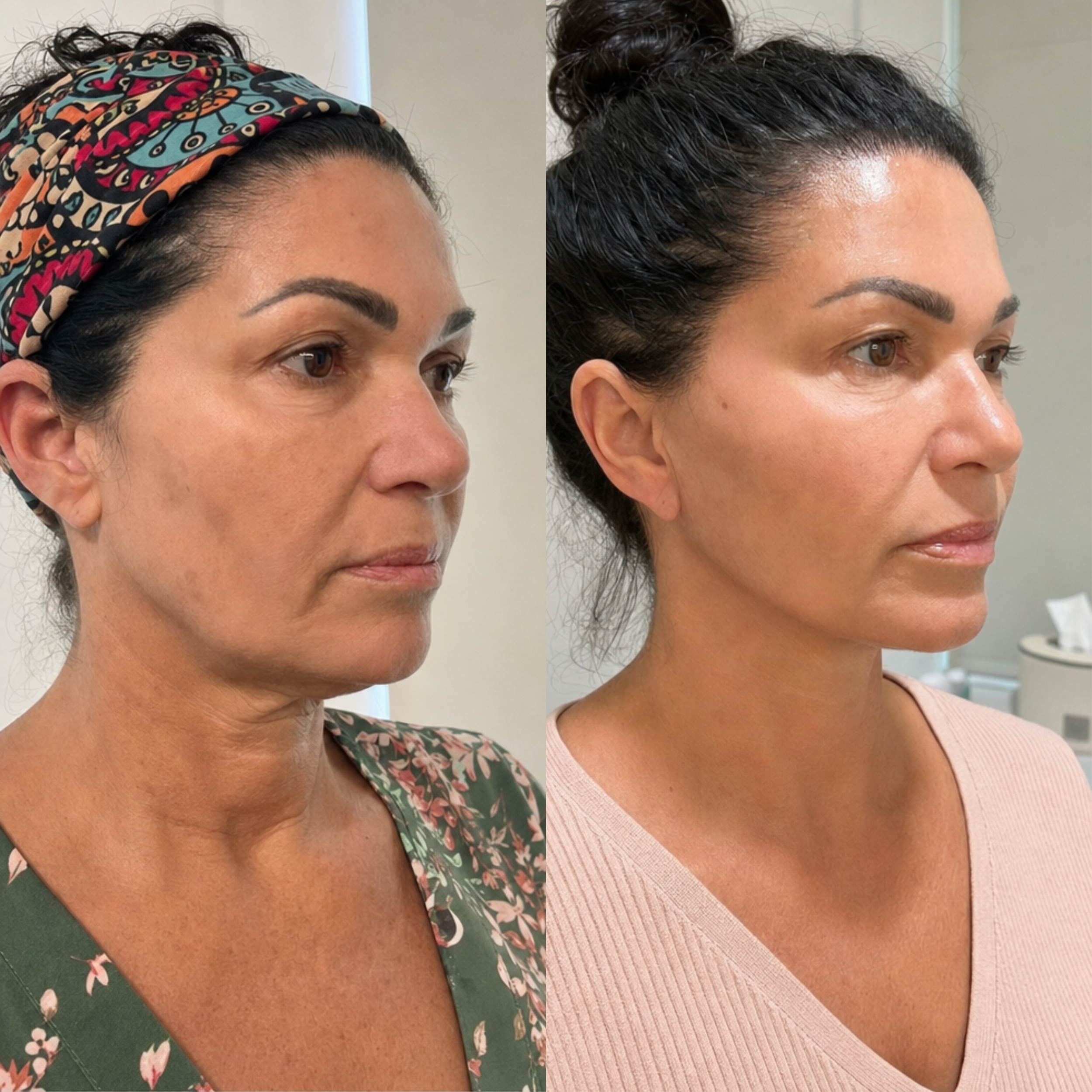Close-up of two women's faces and shoulders, one with dark hair in a floral headscarf and the other with dark hair in a bun, both with light brown skin and wearing textured tops.