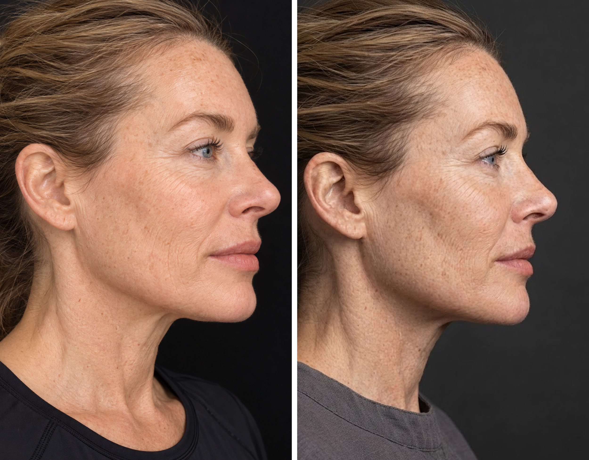 Side-by-side comparison of a woman's face before and after cosmetic treatment, showing improvement in skin texture and reduction of wrinkles.