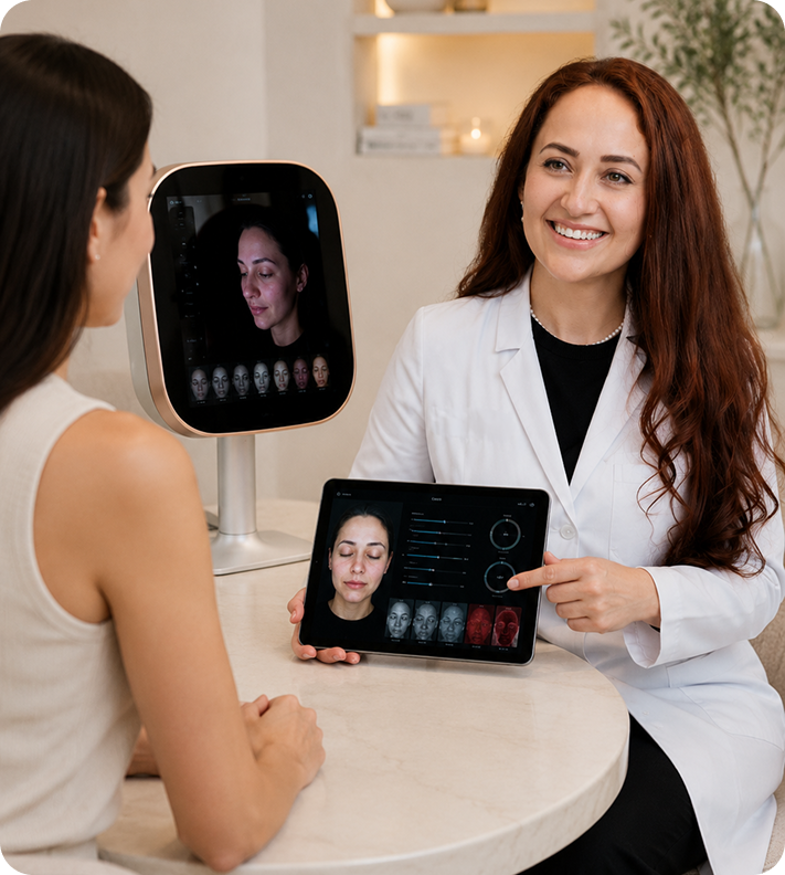 A woman receives a skin analysis consultation from a dermatologist using a tablet and a specialized skin analysis device.