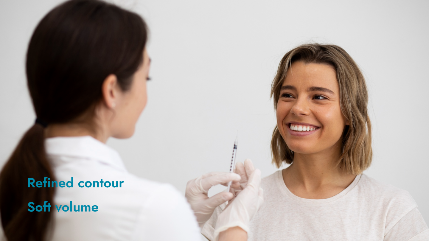 A woman smiling at a healthcare professional preparing a syringe for an injection, with text overlay highlighting cosmetic benefits: 'Refined contour, Soft volume'.