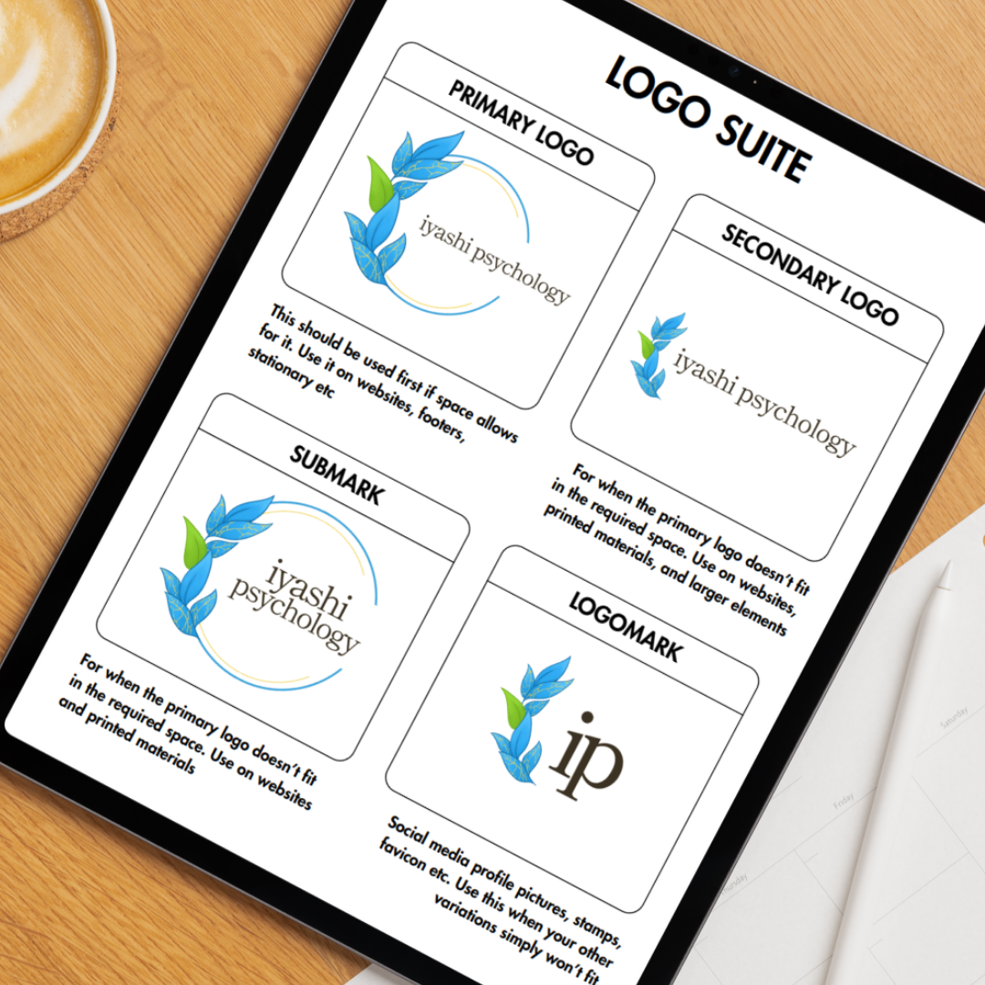 Document explaining different logo options for Iyashi Psychology, including primary, secondary, submark, and logomark, with descriptions and usage guidelines. The document features a blue and green leaf logo design.