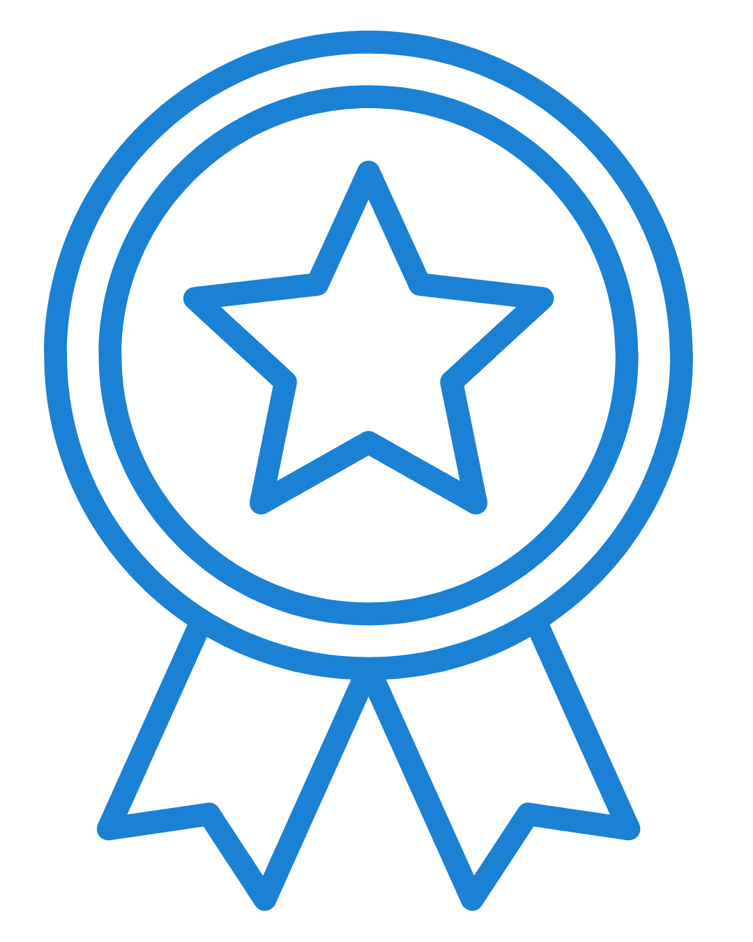 Line drawing of a medal with a star in the center and two ribbons hanging below.