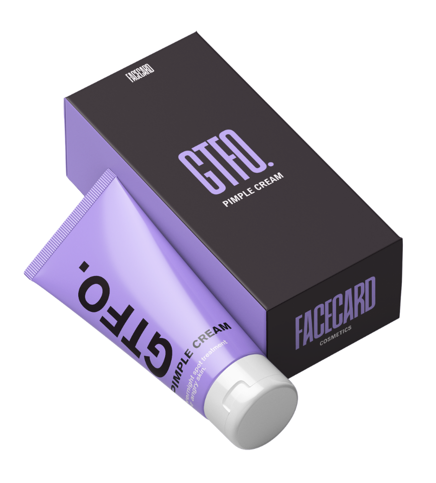 A tube of FaceGARD pimple cream next to its black and purple packaging box.