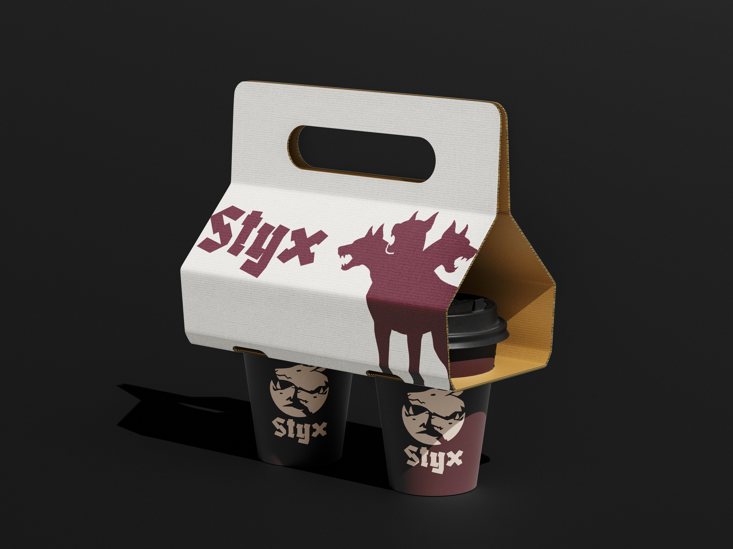 A cardboard beer carrier with a handle, decorated with the word 'SIYX' and a stylized graphic of three animal heads.