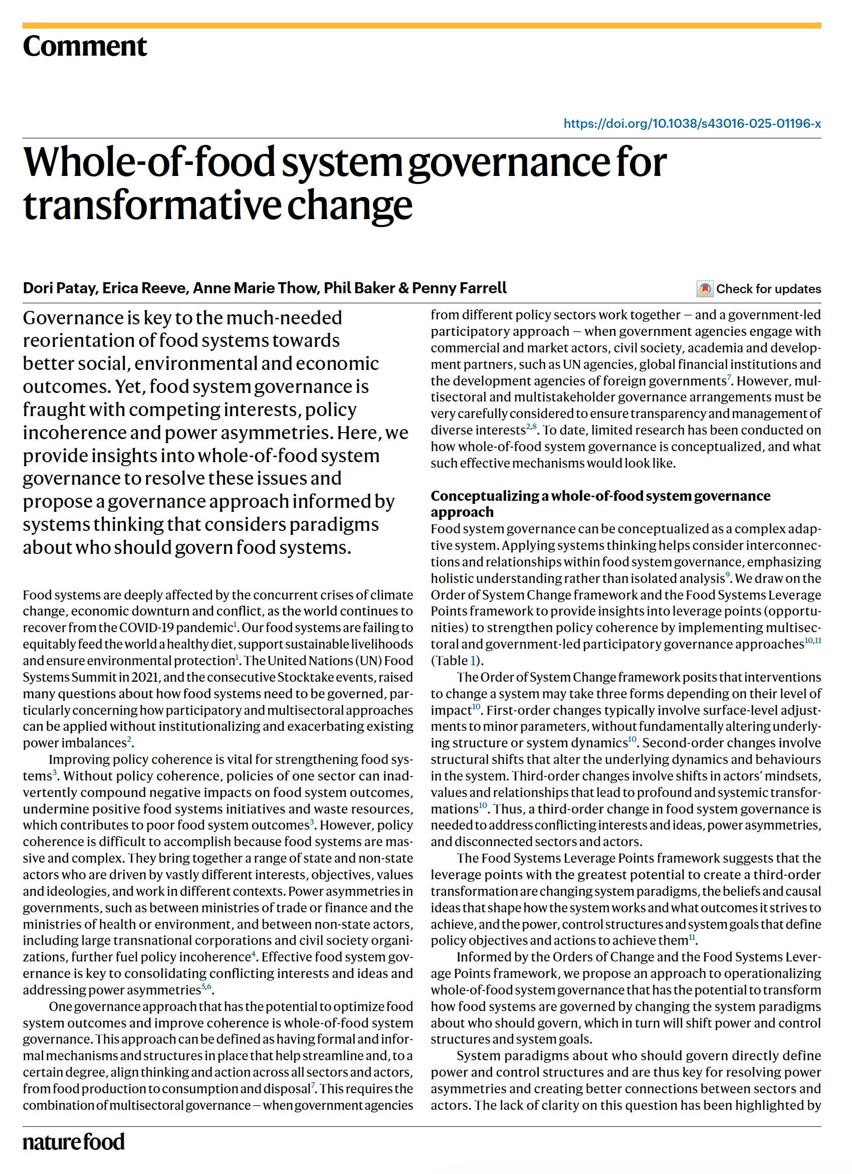 First page of the Nature Food article, Whole-of-food system governance for transformative change