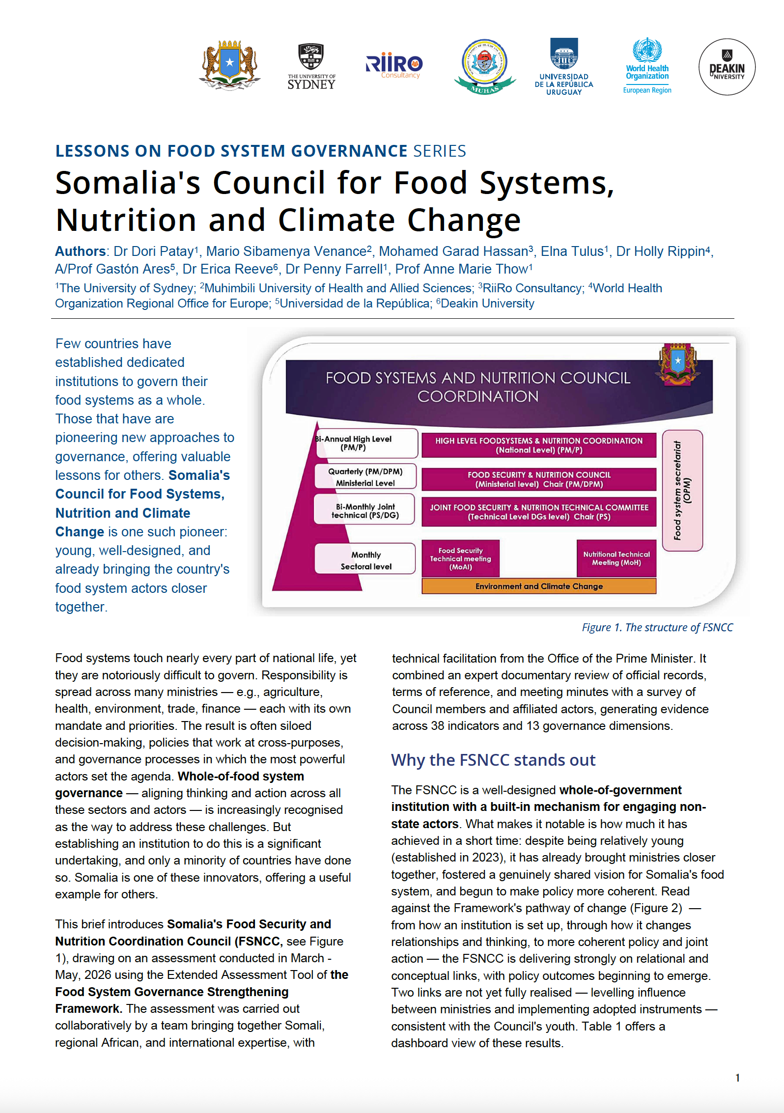 Policy brief reporting on Somalia's food system governance institution assessed by the Food System Governance Strengthening Framework.