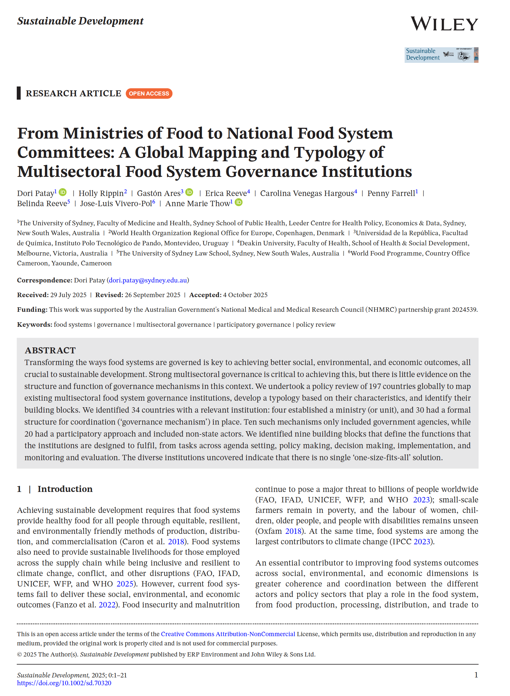 Cover of the Sustainable Development article on a global mapping and typology of food system governance institutions