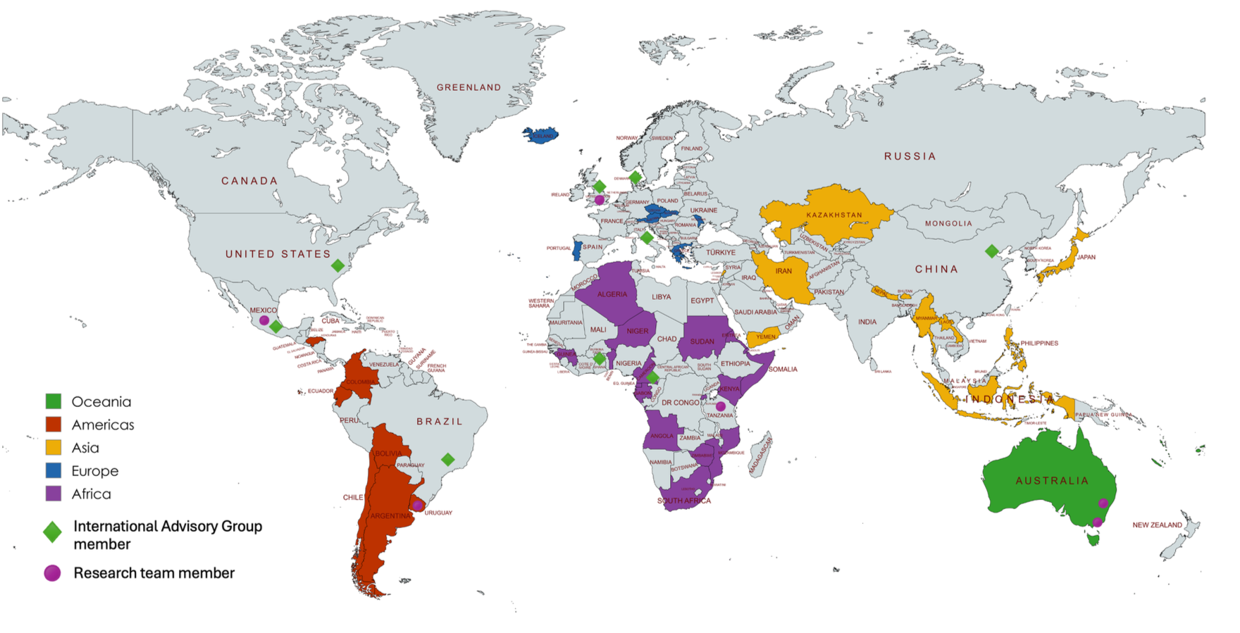 World map of countries in the Food System Governance Strengthening Framework co-design, showing research team and international advisory group members