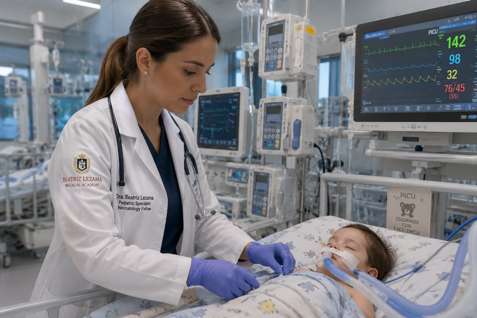 A female doctor in a white coat and purple gloves tending to a young patient in a hospital bed, surrounded by medical monitors and equipment.