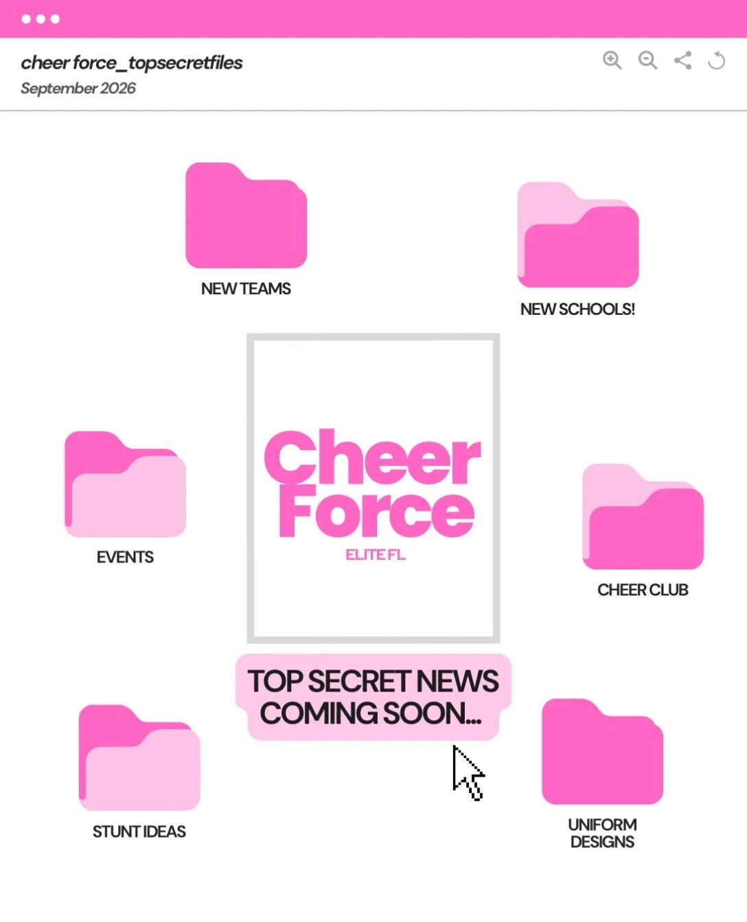 🚨 TOP SECRET: CHEER FORCE CASE FILE 🚨
The file is still sealed... 🤫🗂️💖

We&rsquo;ve been working on something BIG behind the scenes, and we&rsquo;re so close to sharing it with you!

New opportunities. New locations. New adventures. ✨

The clues