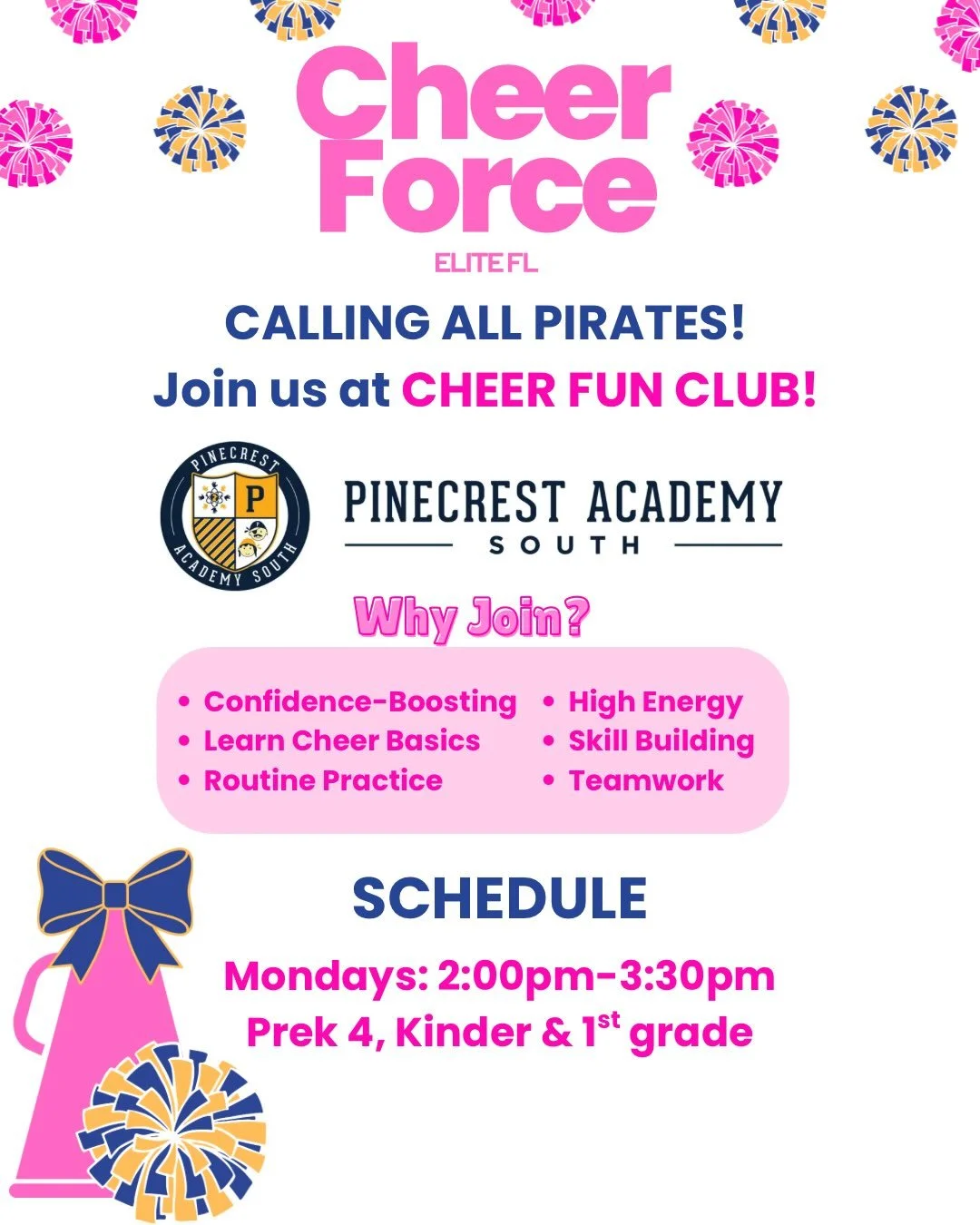 ✨🏴&zwj;☠️ PAC PIRATES... ARE YOU READY?! 🏴&zwj;☠️✨

Cheer Force is so excited to bring **Cheer Fun Club** to PAC this school year! 💖📣

🎀 **Pre-K 4, Kindergarten &amp; 1st Grade**
📅 Every **Monday**

🎀 **2nd &amp; 3rd Grade Pirates**
📅 Every *