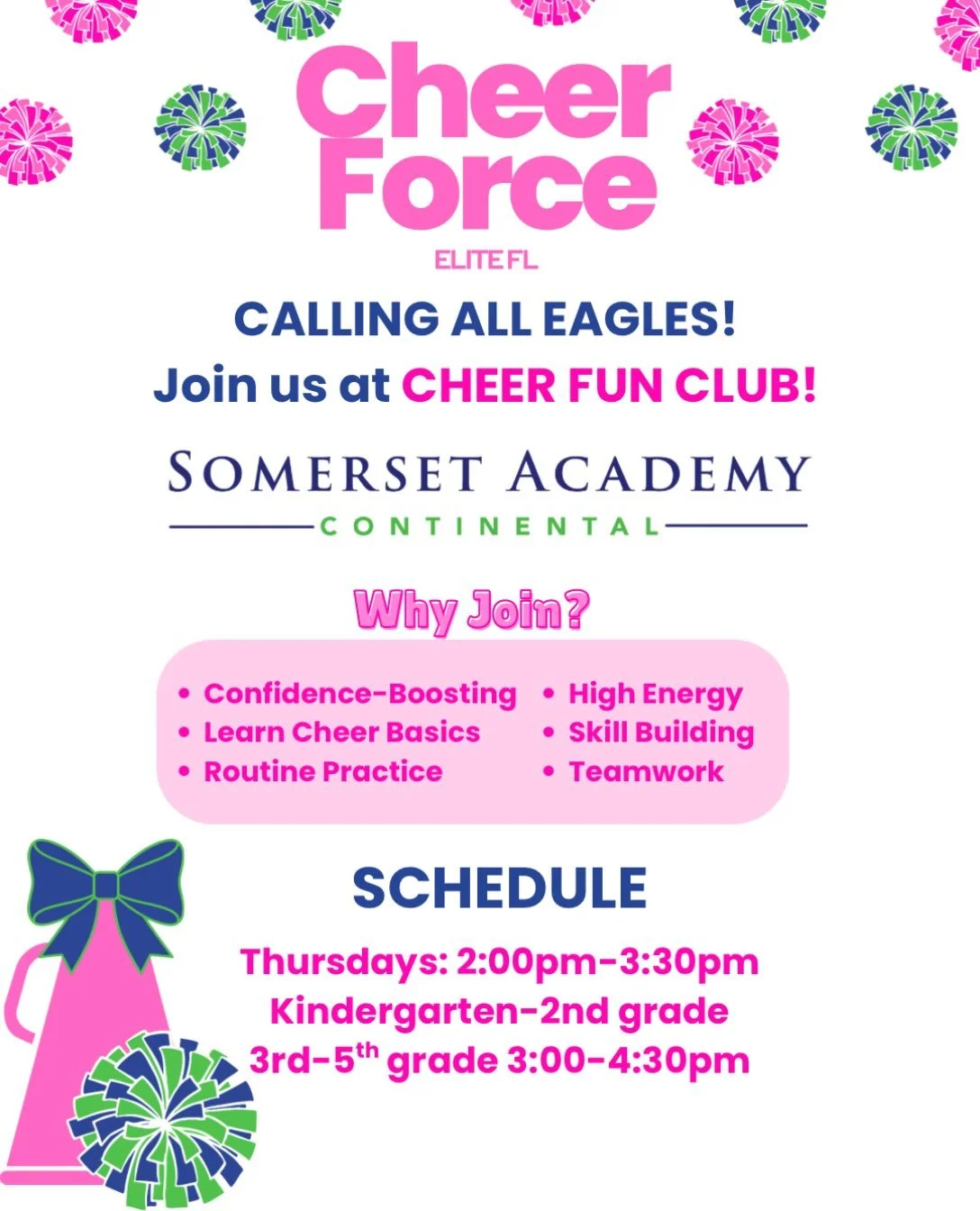 ✨ SOMERSET ACADEMY CONTINENTAL, WE&rsquo;RE READY FOR YOU! 📣
Cheer Force is so excited to bring Cheer Fun Club to our Somerset Academy Continental Eagles this school year! 🎀 We can&rsquo;t wait to teach new skills, build confidence, make new friend