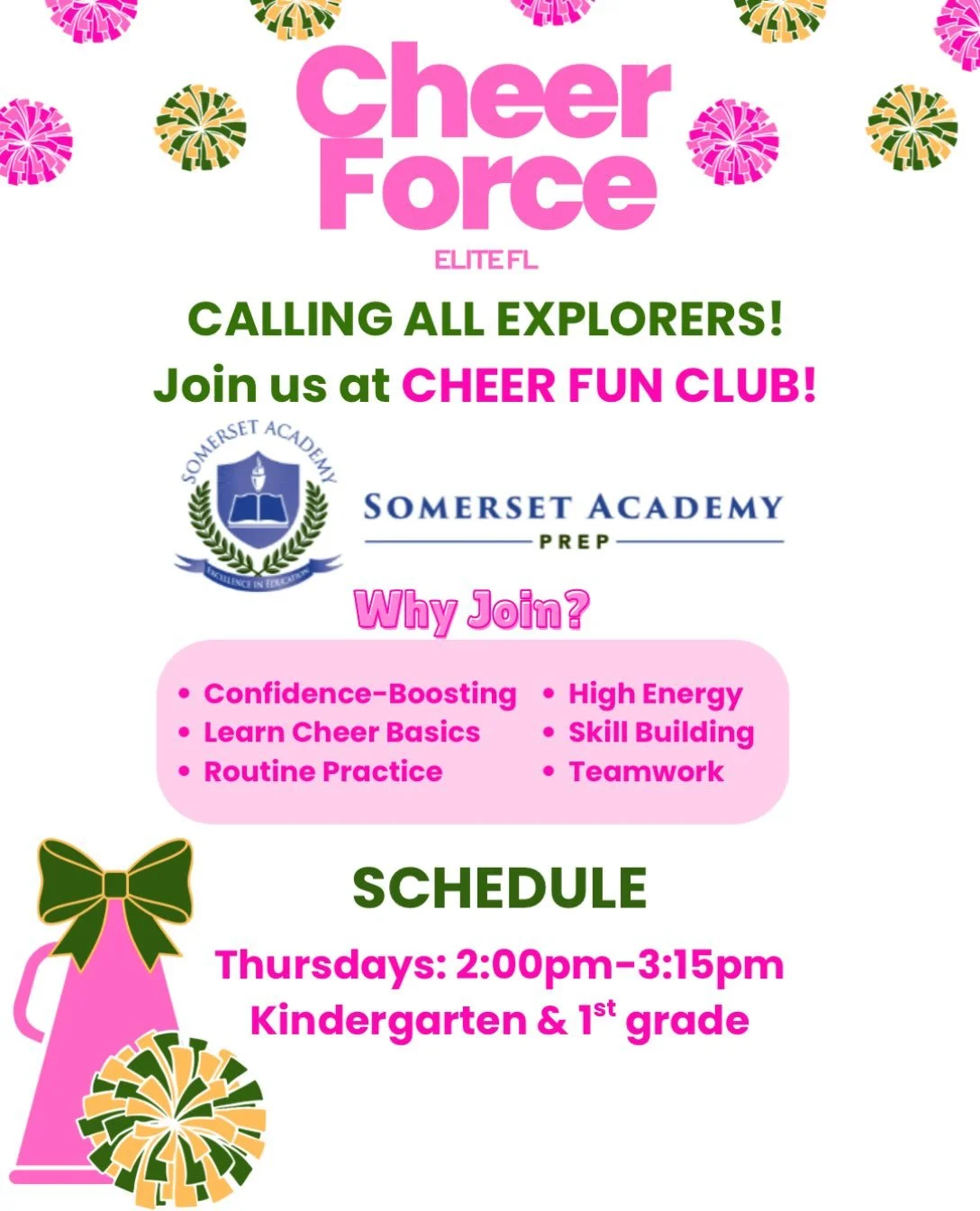 🎀✨ **Cheer Fun Club is coming to Somerset Academy Prep!** ✨🎀

We are so excited to be bringing **Cheer Fun Club** to our amazing Explorers this school year! 📣 Get ready for an afternoon filled with cheer, games, fun, friendships, confidence-buildi