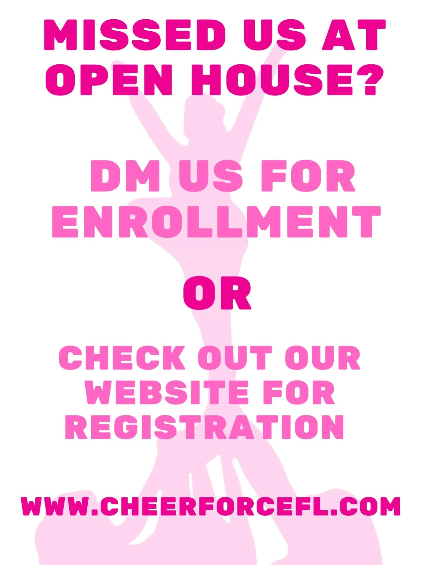 ✨ MISSED US AT OPEN HOUSE? NO WORRIES! ✨
Didn&rsquo;t get a chance to sign up for Cheer Fun Club at Open House? We&rsquo;ve got you! 💕📣
Registration is still OPEN! 🎀
💻 Sign up through our website: www.cheerforcefl.com
📲 Or DM us with any questio
