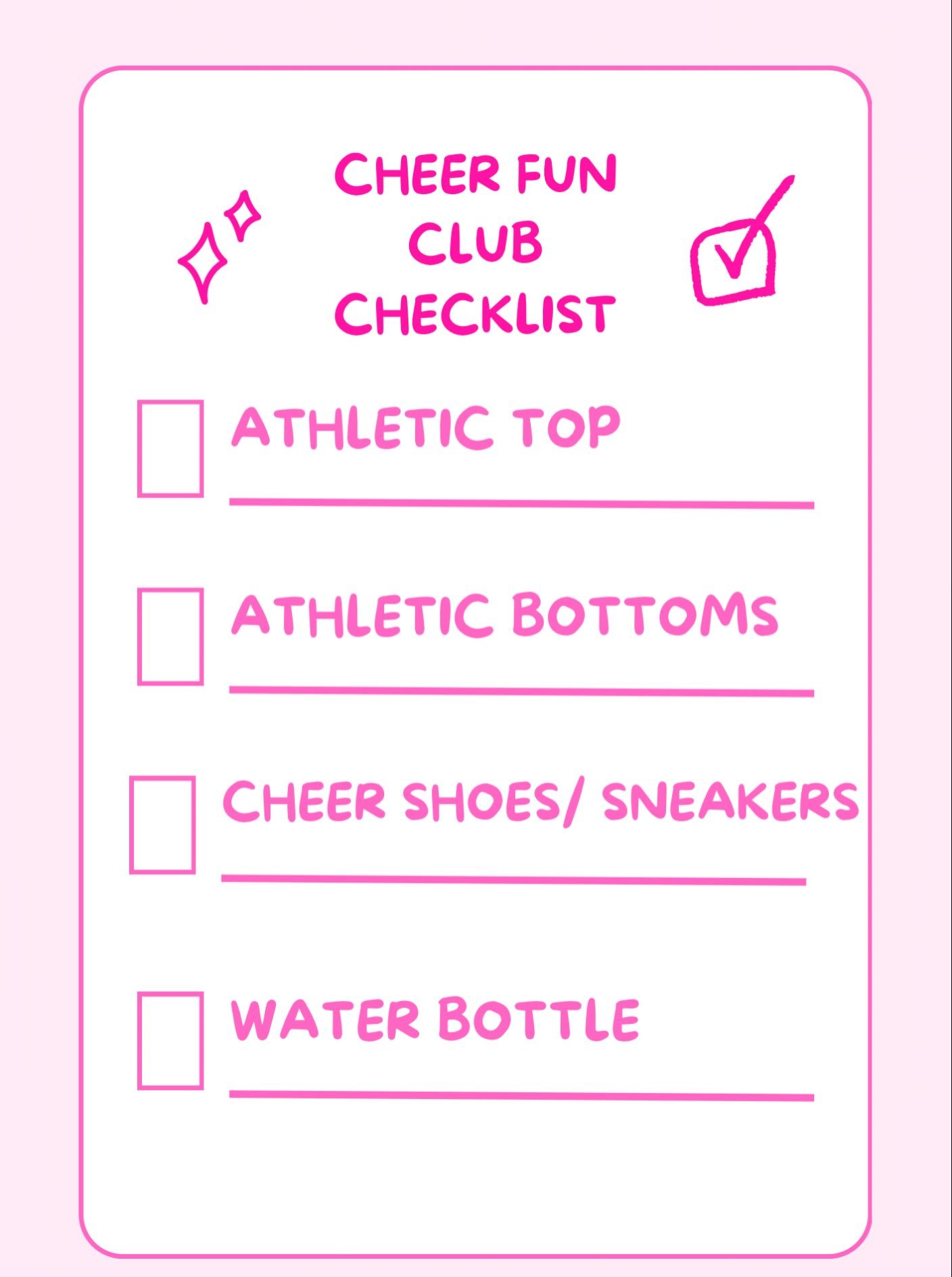 🎀✨ CHEER FUN CLUB CHECKLIST! ✨🎀

Practice days are here, cheerleaders! 💗 Make sure your athlete comes prepared and ready to have FUN! 📣

All Cheer Fun Club shirts + cheer bows will be provided to each cheerleader at their FIRST PRACTICE! 🎀💗

We
