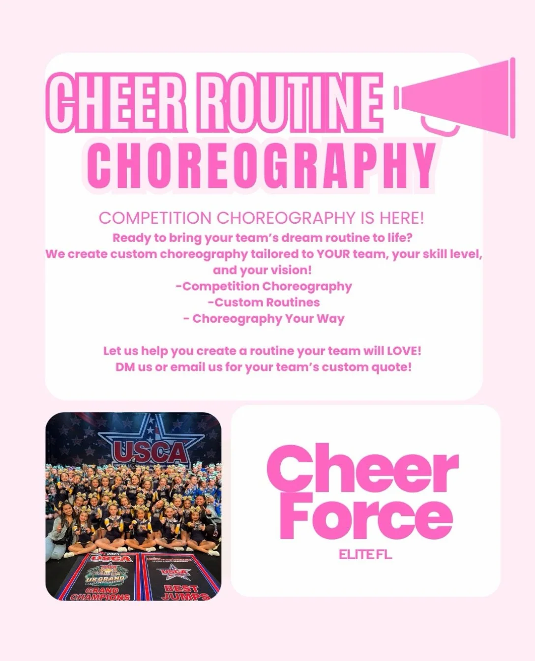 📣✨ WE&rsquo;RE BRINGING THE CHOREOGRAPHY TO YOU✨📣

Your team. Your school. YOUR routine. 💙🎀

Cheer Force Elite is now offering Competition Routine Choreography &mdash; and we COME TO YOUR SCHOOL! 🏫📣 We&rsquo;ll help bring your vision to life wi