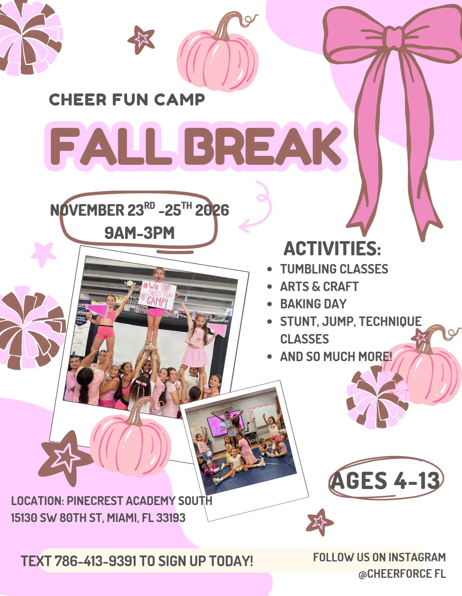 🍁📣 SCHOOLS OUT for FALL BREAK!

🎀 WE&rsquo;VE GOT YOU COVERED! 🎀
Join us for FALL BREAK CHEER CAMP where we&rsquo;re serving up:
✨ CHEER
🤸&zwj;♀️ TUMBLING
🎀 STUNTS
🎨 FUN + GAMES
💗 AND ALL THE ENERGY!
Parents get a break&hellip; cheerleaders g