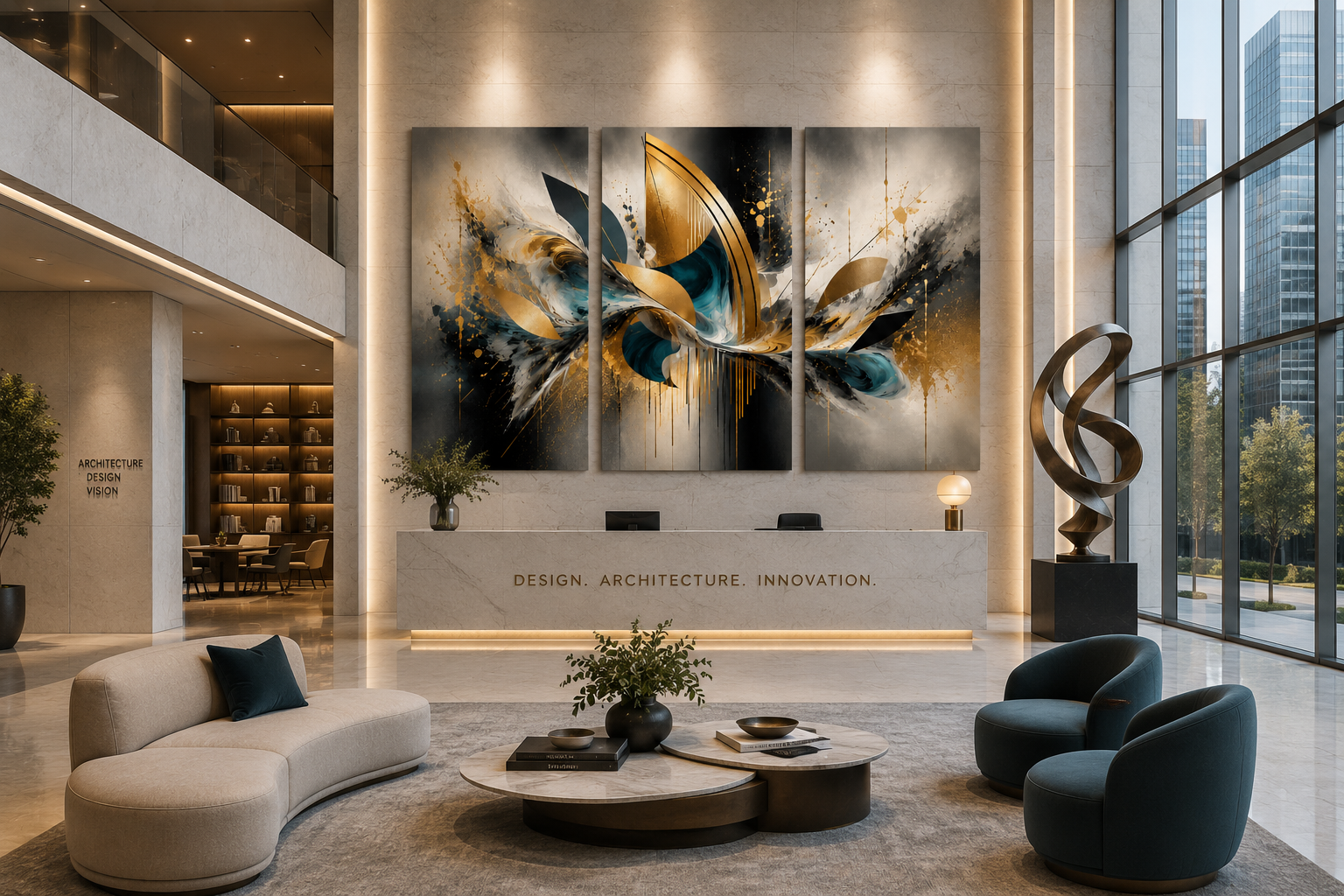 Modern hotel lobby with large abstract art hung on the wall behind a reception desk. The area has a beige and dark color scheme with seating area including a curved beige sofa, two dark chairs, and a round marble coffee table. Decorative items like books, bowls, a vase with flowers, and a sculpture are on the table and nearby surfaces. Large windows on the right let in natural light, overlooking a cityscape.