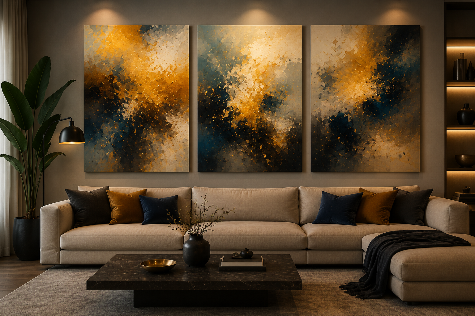 Living room with beige sectional sofa, dark and gold throw pillows, a black marble coffee table with decorative vase and books, three large abstract paintings with shades of gold, black, and blue on the wall, a tall potted plant, and a pendant lamp on the left side.