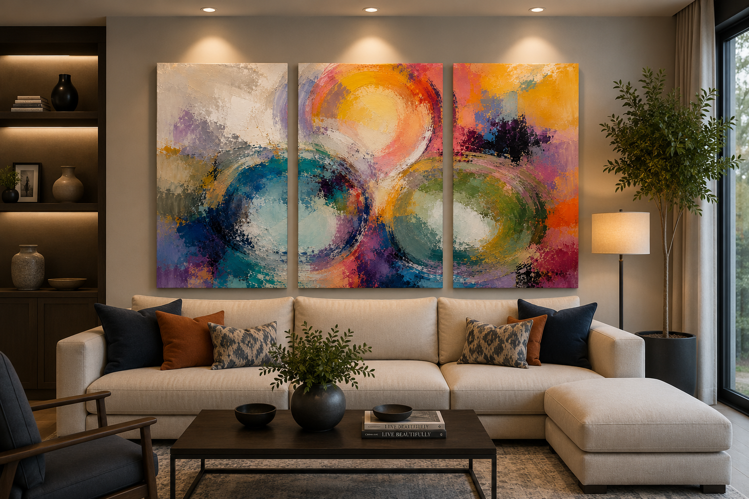 Living room with large colorful abstract triptych artwork on the wall above a beige sofa with throw pillows, a wooden coffee table with a plant and books, a tall potted tree, and a floor lamp near a window.
