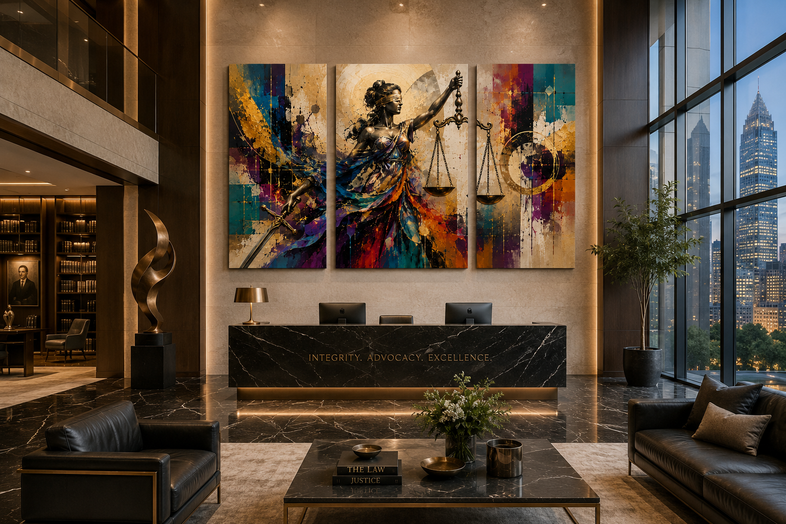 Modern office reception area with a large colorful painting of Lady Justice on the wall, a black marble desk with the words 'Integrity, Advocacy, Excellence', two black chairs, a coffee table with a flower arrangement, and a large window showing city buildings.