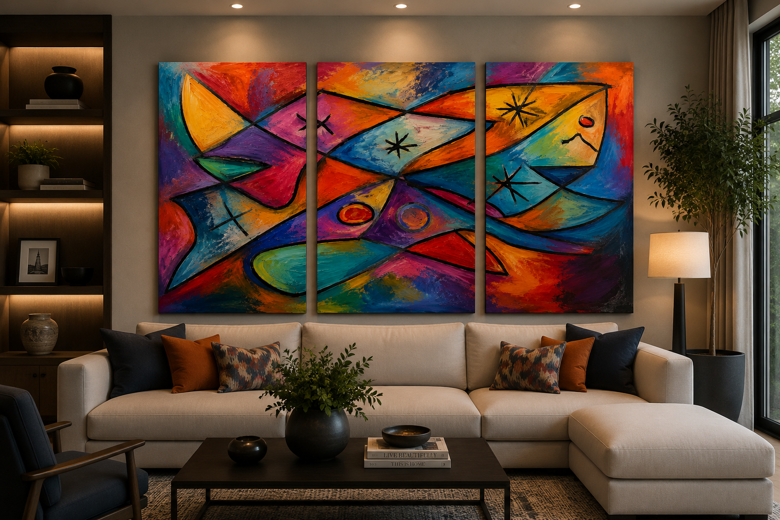 Modern living room with a large colorful abstract triptych painting above a beige sofa, decorated with black, orange, and patterned pillows, a black coffee table with a book and small decorative objects, a black lamp, and a tall potted plant near a window.