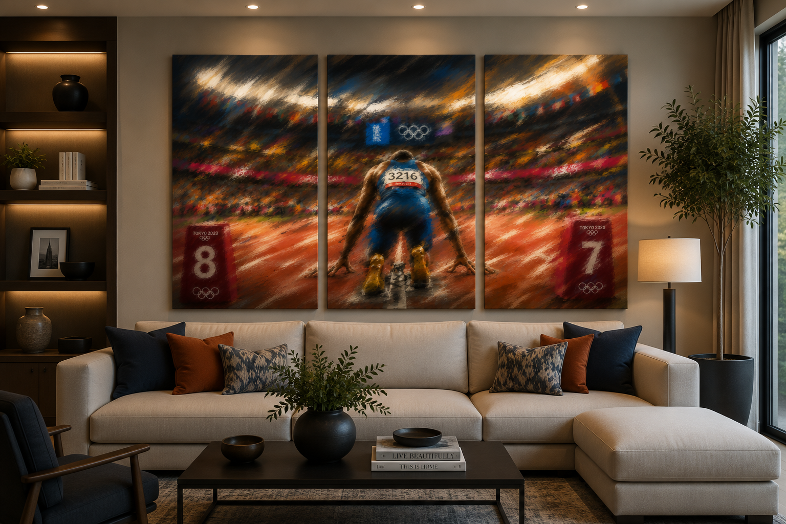 Living room with a sectional sofa, throw pillows, a black coffee table with books and vases, a large triptych painting of a track and field athlete at the Tokyo 2020 Olympics, a bookshelf with decorative items, a floor lamp, and a window with curtains.
