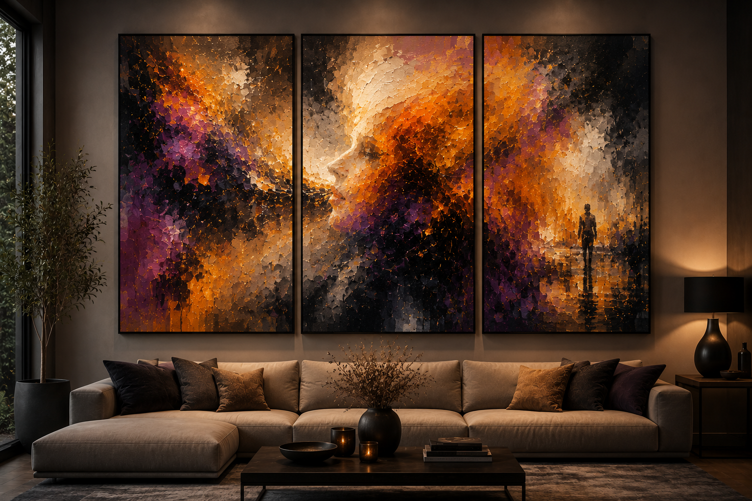 A triptych painting of a woman's face in vibrant orange, purple, and black hues hung above a beige sectional sofa in a modern living room. The room is decorated with throw pillows, a black vase with dried flowers, candles, and a black table. A tall potted plant is on the left, and a black table lamp is on the right.