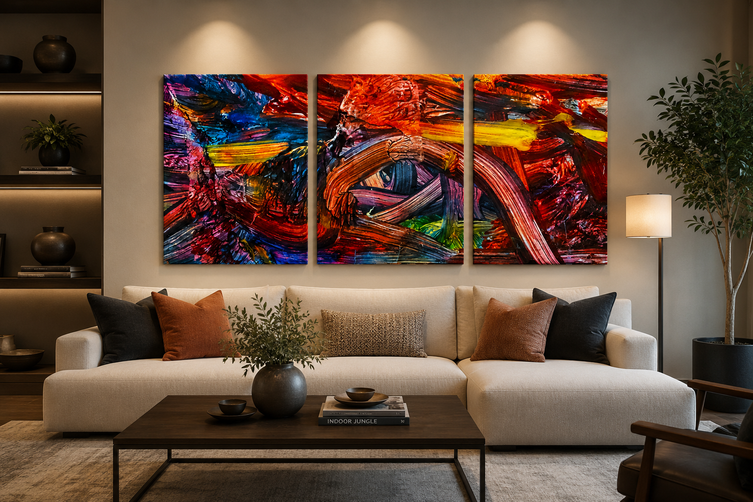 Living room with a white sofa, multicolored abstract triptych artwork on the wall, decorative pillows, a coffee table with a vase and books, a tall potted plant, and a floor lamp.