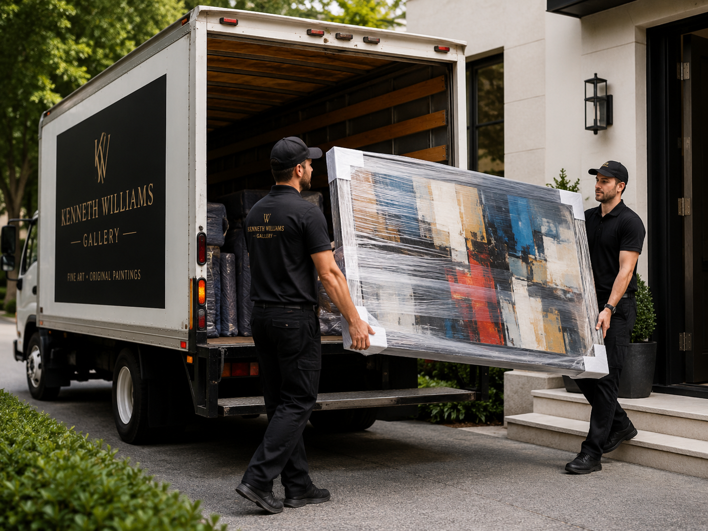 Two men loading a wrapped painting from a moving truck with 'Kenneth Williams Gallery' logo, outside a modern house with stairs and a black door.