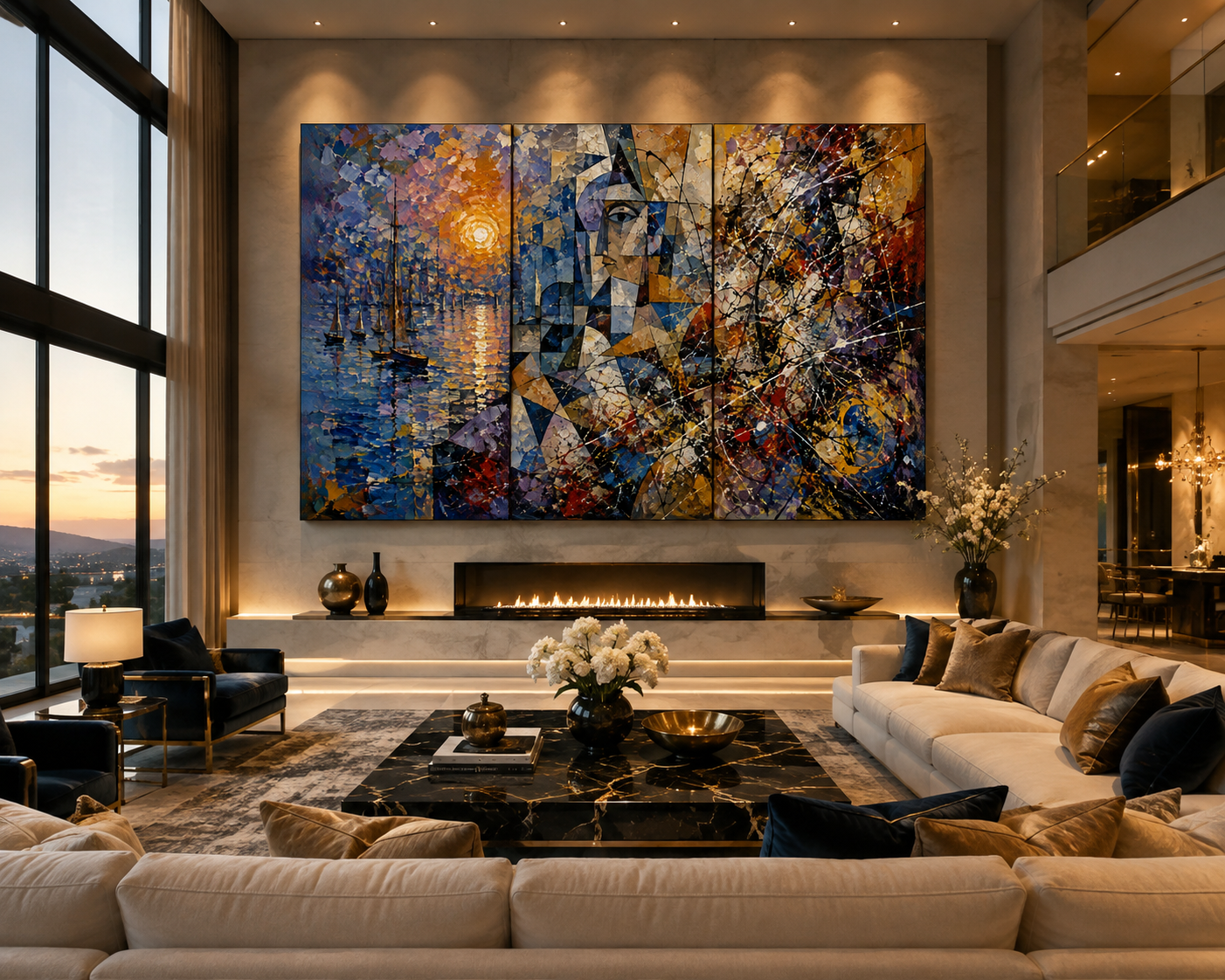 Modern living room with large colorful abstract painting above a fireplace, beige sofas, black marble coffee table with vases and bowls, floral arrangements, and large windows showing a sunset view.