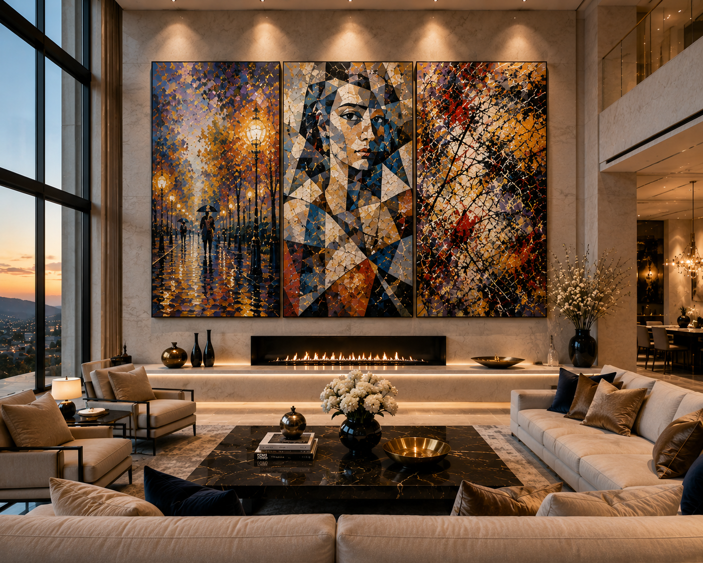 Luxury living room with large city view window, modern artwork of a woman and street scene, fireplace, beige sofas, black marble coffee table, gold decorative items, and flower arrangements.