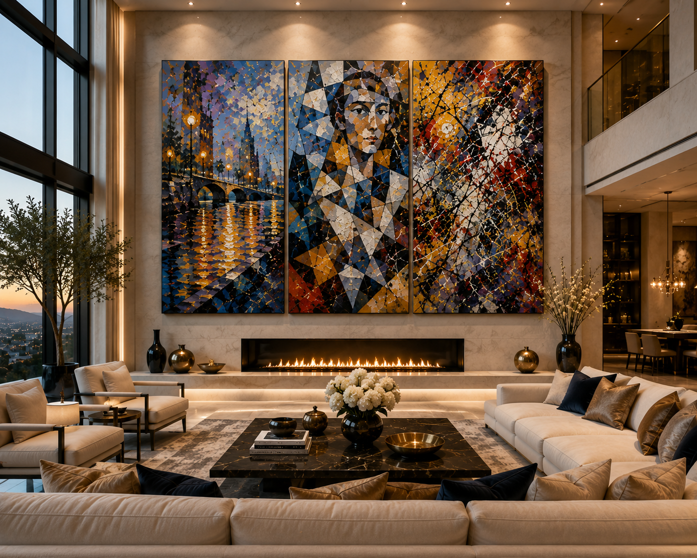 Living room with large colorful abstract triptych art above a modern fireplace, beige sectional sofa with pillows, armchairs, black marble coffee table with decor, large windows showing cityscape, and elegant vases and flower arrangements.