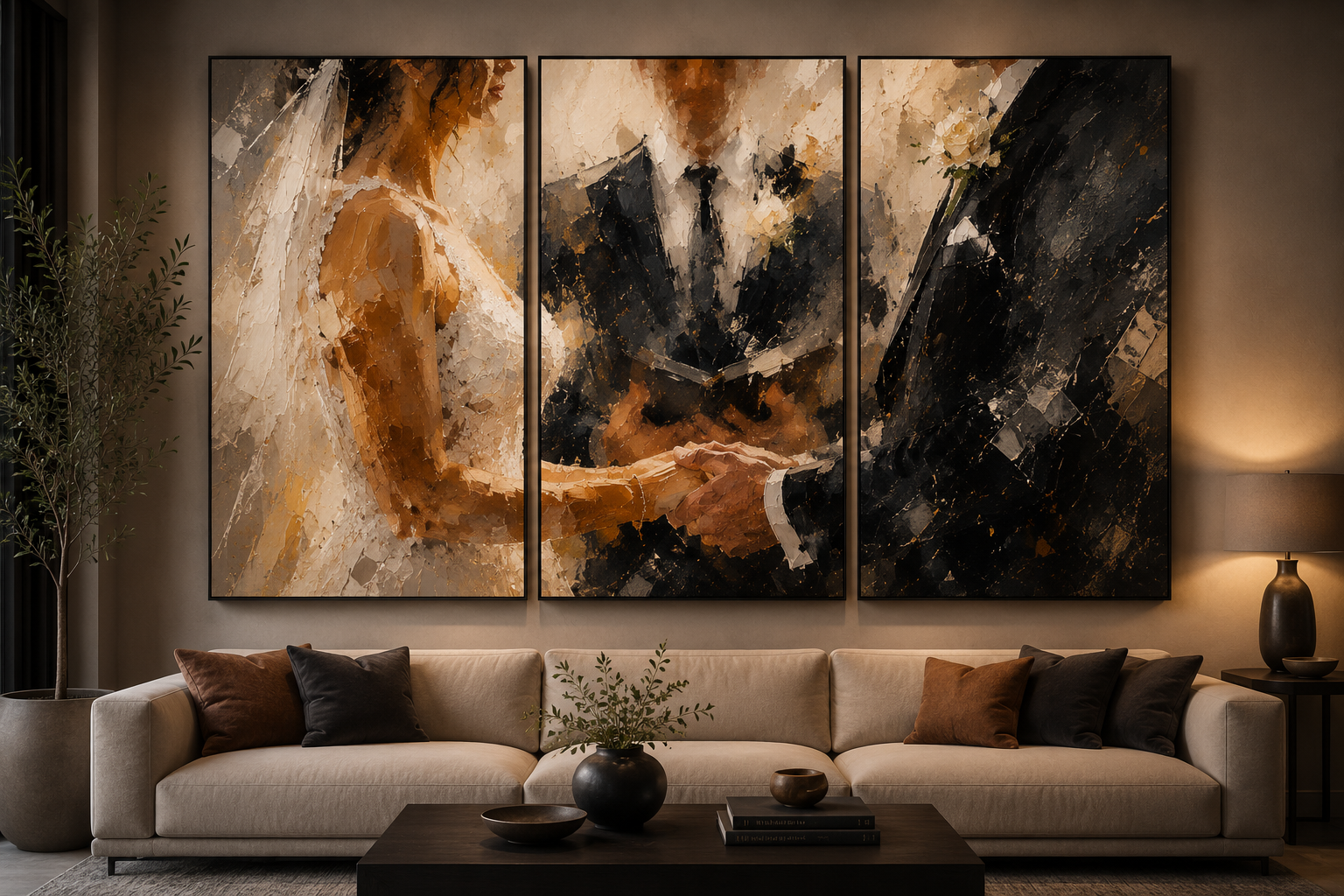 Living room with a triptych artwork of a wedding ceremony scene on the wall above a beige sofa with dark and brown pillows, a wooden coffee table with a vase and books, a potted plant, and a lamp on a side table.