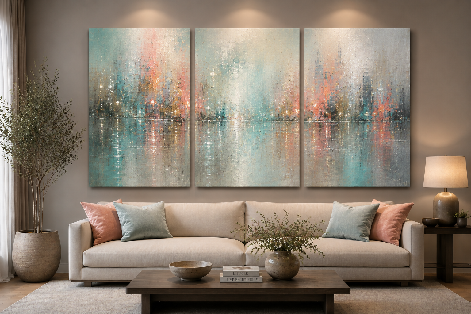Living room with a cream sofa, pastel throw pillows, a potted plant, a wooden coffee table with a vase and books, a large abstract cityscape painting on the wall, a side table with a lamp and small decor, and light-colored curtains.