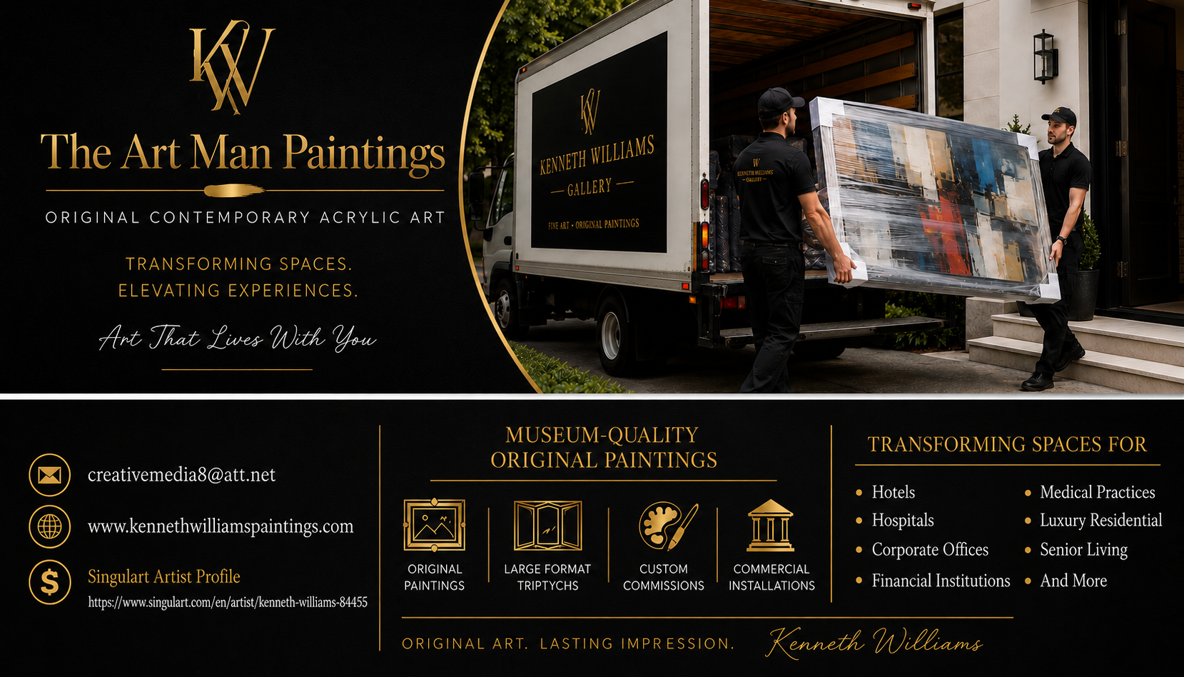 An advertisement for Kenneth Williams Paintings showing two men unloading a large contemporary abstract painting from a truck at the entrance of a building with stairs.
