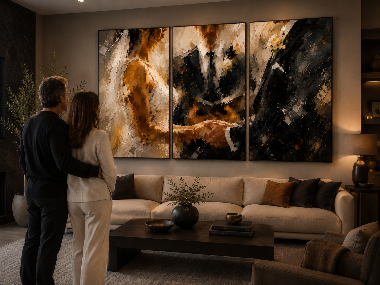 Two people, a man and a woman, stand in a living room looking at a triptych painting of a couple dancing on the wall.