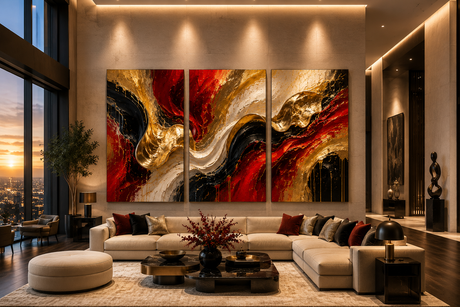 Modern living room with a large abstract painting featuring red, black, gold, and white colors above a beige sectional sofa. The room has floor-to-ceiling windows showing a city skyline at sunset, with side tables, lamps, decorative sculptures, and plants adding to the decor.