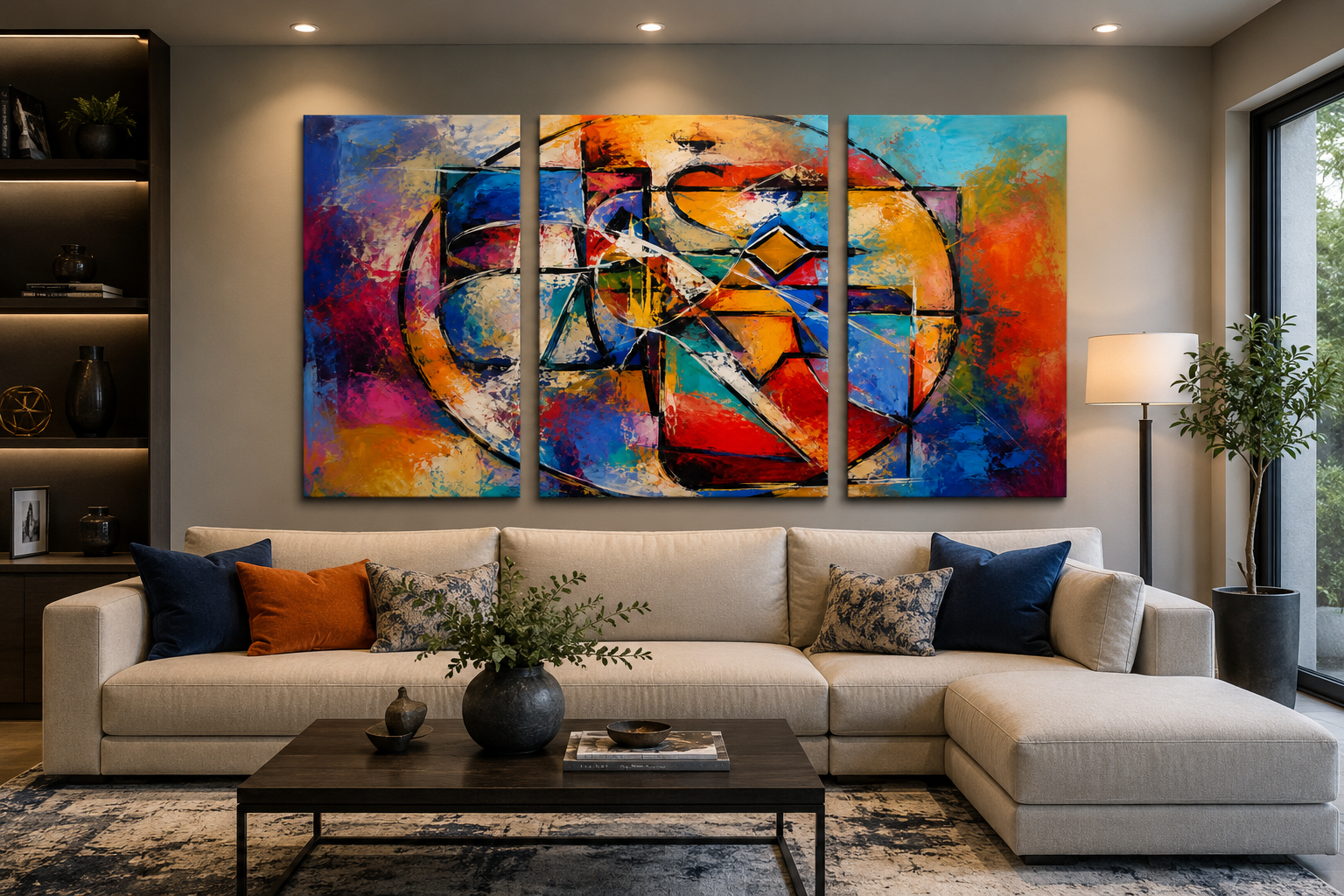 Living room with a beige sectional sofa, colorful abstract triptych painting on the wall, dark wood coffee table with decorative items, a tall potted plant by the window, and a floor lamp, with a gray wall and built-in bookshelf.