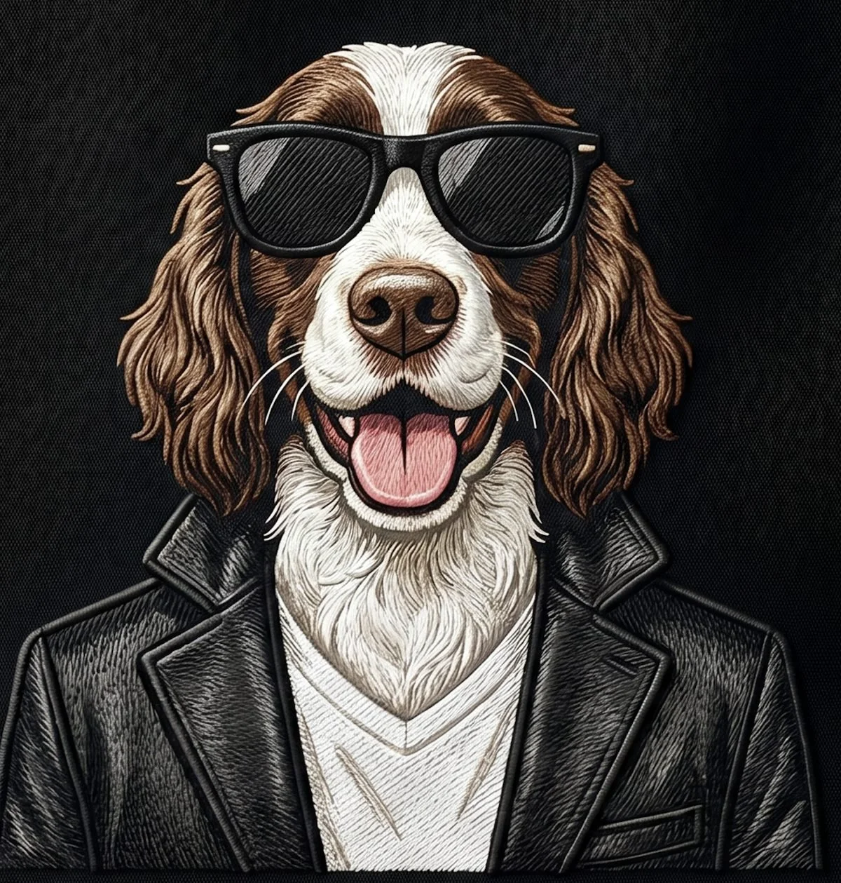 Beckham, an English Springer Spaniel, embroidered in sunglasses and a leather jacket