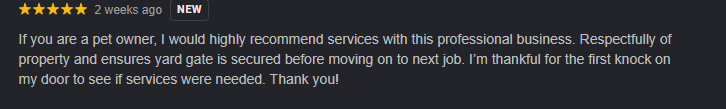 Screenshot of a review comment recommending pet services, expressing gratitude and satisfaction.
