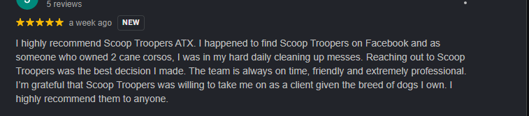 Screenshot of a 5-star review praising Scoop Troopers ATX for professionalism, friendliness, and good service in dog grooming.
