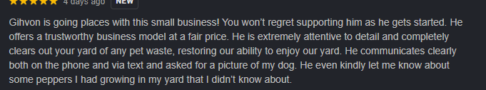 Text review about Gihvon's small business with positive comments about his honest service, yard cleaning, and communication skills.