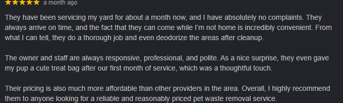 Overlay of a positive review about a pet waste removal service, mentioning their timely, thorough, and affordable service, attentive staff, and a free first-month treat for a dog.