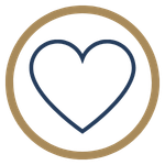 Outline of a heart with a gold circle around it on a black background