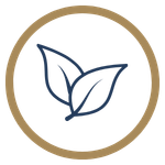 Simple icon of two blue leaves inside a black circle with a gold outline.