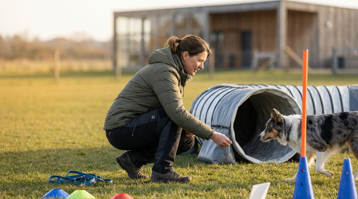 Woman training her dog in an outdoor agility course, crouching near a tunnel obstacle with agility cones nearby.