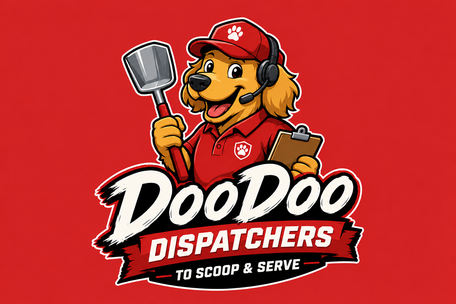 A cartoon dog mascot wearing a red cap and shirt with a paw print logo, holding a shovel and a clipboard, with text "Doodoo Dispatchers" and slogan "To Scoop & Serve" on a red background.
